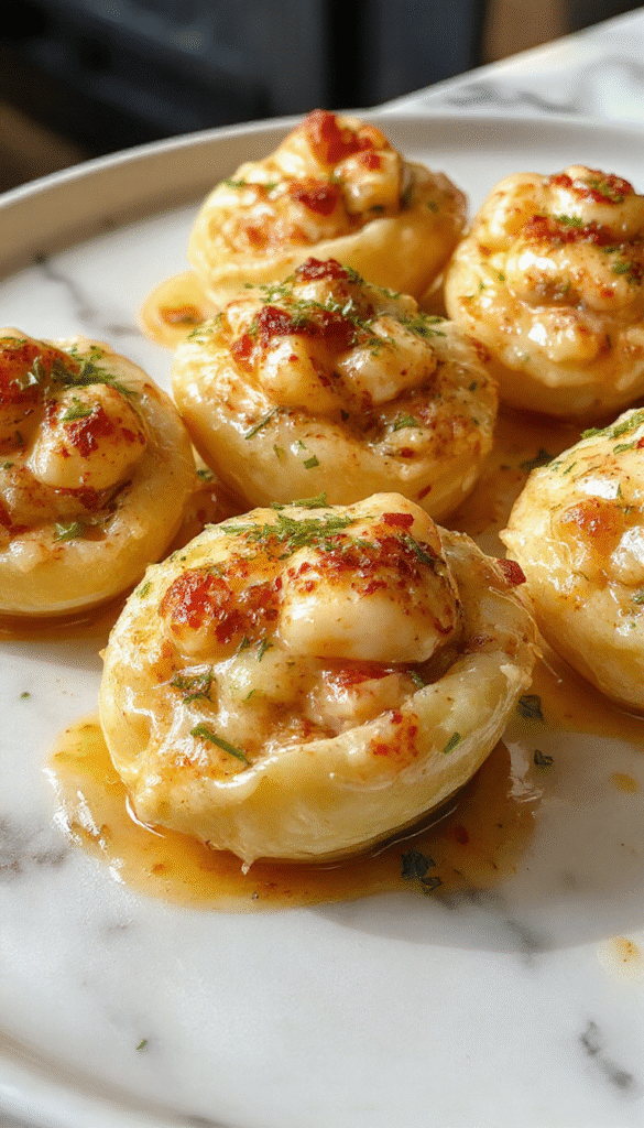 A close-up of creamy seafood stuffed shells arranged on a white plate, featuring golden-brown baked shells filled with a rich seafood mixture, topped with fresh herbs and melted cheese, with a rustic wooden table background and vibrant garnishes.