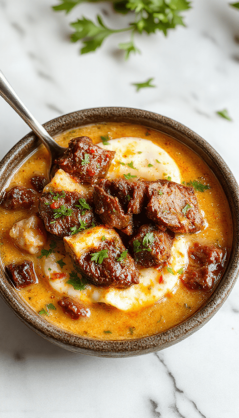 A vibrant bowl of beef coconut curry featuring tender beef chunks immersed in a rich, creamy sauce with golden coconut flakes atop. The dish is beautifully plated in a deep white bowl on a rustic wooden table, garnished with fresh cilantro and red chili slices. The sauce has a glossy texture, with hints of red and orange from spices, alongside a side of fluffy rice and a sprig of cilantro for decoration.