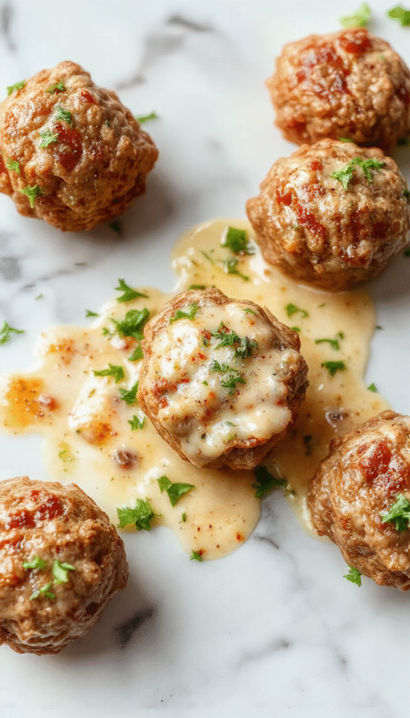 A rustic white plate featuring tender Salisbury steak meatballs coated in rich gravy, garnished with fresh chopped herbs, surrounded by creamy mashed potatoes and steamed vegetables, set on a wooden table with warm, inviting lighting