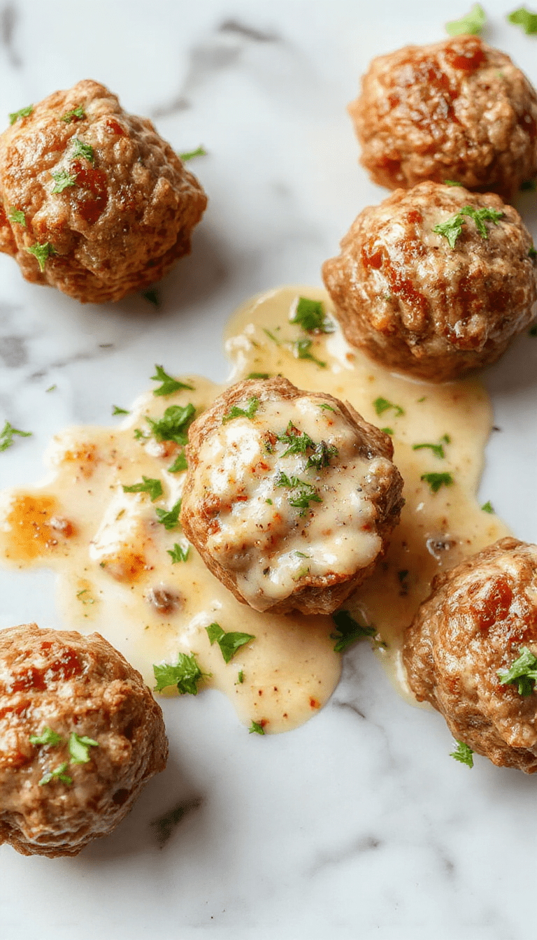 A rustic white plate featuring tender Salisbury steak meatballs coated in rich gravy, garnished with fresh chopped herbs, surrounded by creamy mashed potatoes and steamed vegetables, set on a wooden table with warm, inviting lighting