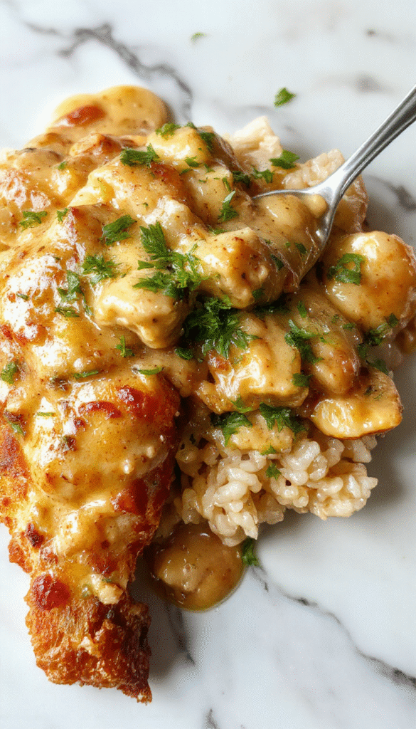 A close-up shot of a creamy chicken and rice dish served in a rustic white bowl. The chicken is tender and covered in a rich, creamy sauce with steam rising. The rice is fluffy and golden, topped with freshly chopped herbs and a sprinkle of black pepper. The background features a wooden table with fresh herbs and a spoon, styled with natural lighting and a cozy kitchen atmosphere.
