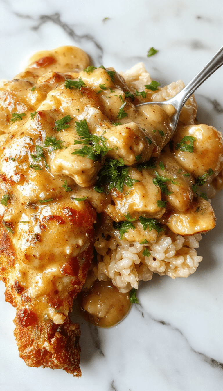 A close-up shot of a creamy chicken and rice dish served in a rustic white bowl. The chicken is tender and covered in a rich, creamy sauce with steam rising. The rice is fluffy and golden, topped with freshly chopped herbs and a sprinkle of black pepper. The background features a wooden table with fresh herbs and a spoon, styled with natural lighting and a cozy kitchen atmosphere.