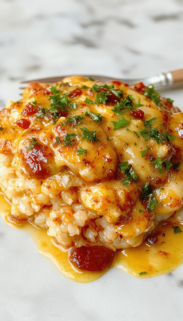 A bowl of creamy smothered chicken and rice featuring tender chicken breasts soaked in rich, creamy sauce topped with fresh herbs. The dish is served on a rustic wooden table with a side of steamed vegetables, showcasing a savory, comforting appearance with vibrant colors from the herbs and a glossy sauce coating the chicken and rice.