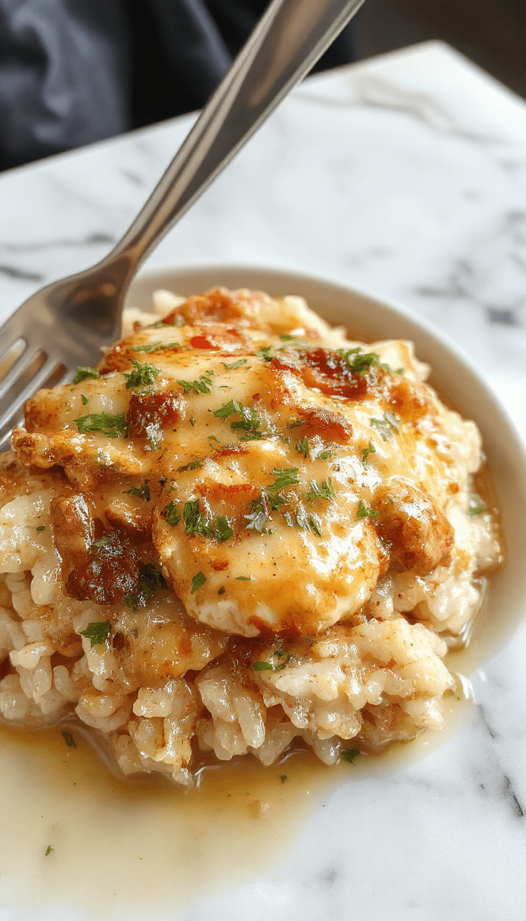 A colorful plate featuring tender, golden-brown chicken smothered in a rich, creamy sauce with steaming fluffy rice underneath. The dish is garnished with chopped green herbs and served on a rustic white plate, set against a warm, inviting background with complementary side vegetables.