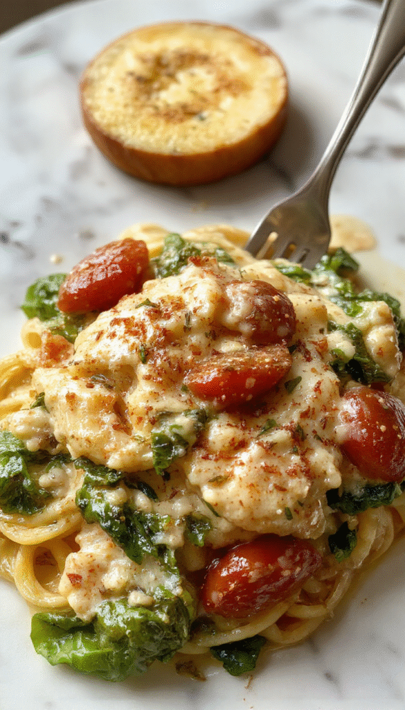 A vibrant plate of spinach and cherry tomato pasta garnished with fresh basil. The pasta is coated in a creamy sauce, with bright red tomatoes and dark green spinach leaves creating a colorful and appetizing scene. The dish is styled on a rustic wooden table with a sprinkle of Parmesan cheese on top, emphasizing freshness and comfort.