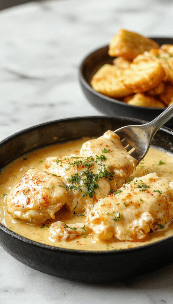 A sizzling skillet filled with creamy butter chicken, topped with fresh herbs and served alongside fluffy rice, with a rich, golden sauce and tender chicken pieces.