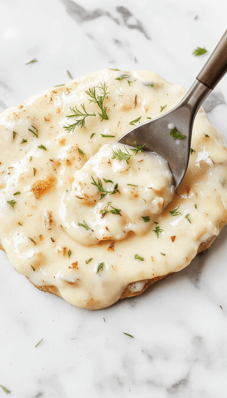 A close-up of a smooth, creamy white garlic pizza sauce in a rustic bowl, garnished with chopped fresh herbs and minced garlic, with a pizza crust and toppings in the background, styled on a wooden surface