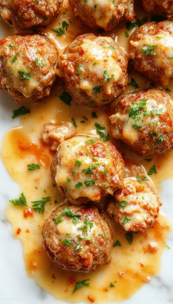 A plate of golden-brown Italian meatballs glazed with a rich tomato sauce, garnished with fresh basil and grated Parmesan cheese, served on a rustic white dish with a side of fresh parsley and a sprinkle of herbs, vibrant red and green colors contrasting the hearty dish, styled beautifully for appetizing presentation.