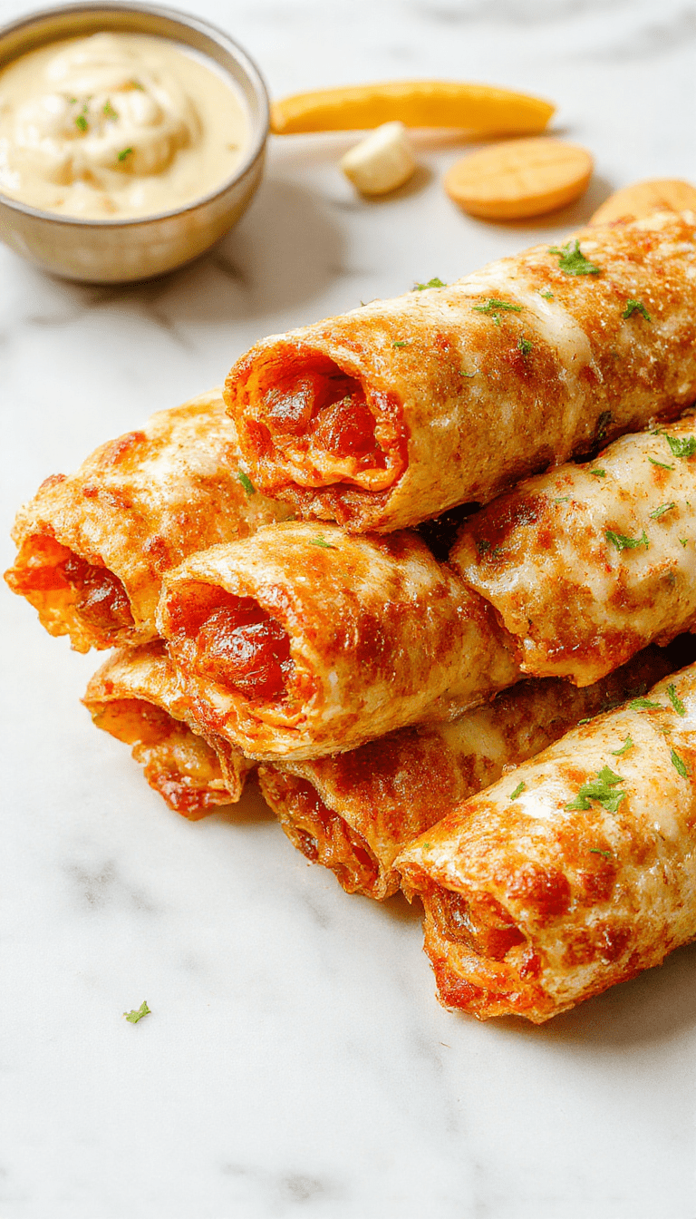 Golden brown crispy air fryer pizza rolls arranged on a white plate with a side of marinara sauce, showing their flaky texture and melted cheese filling