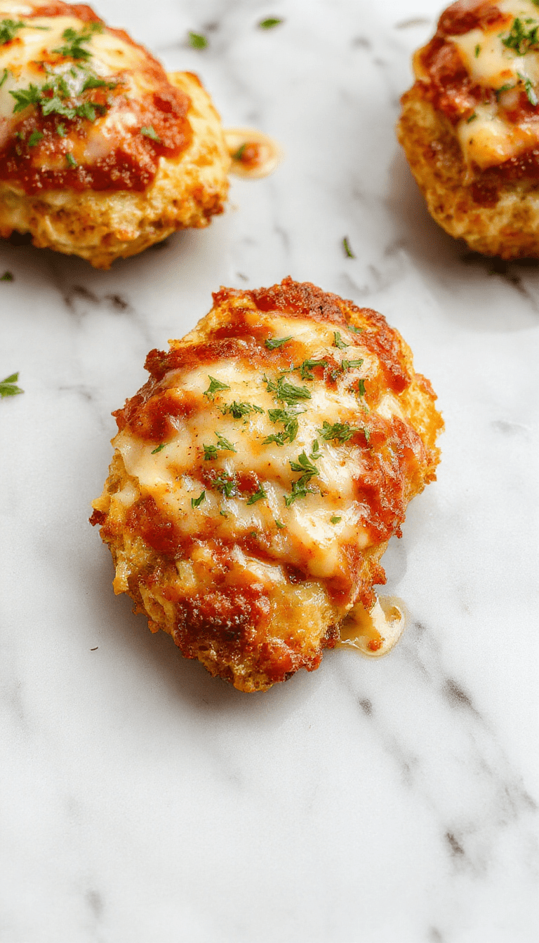 A golden-brown baked chicken parmesan resting on a white plate, topped with melted marinara sauce and gooey melted mozzarella cheese, garnished with fresh basil leaves, vibrant red sauce contrasting with the crispy breaded chicken and colorful basil, styled neatly with a sprinkle of grated Parmesan around the plate.