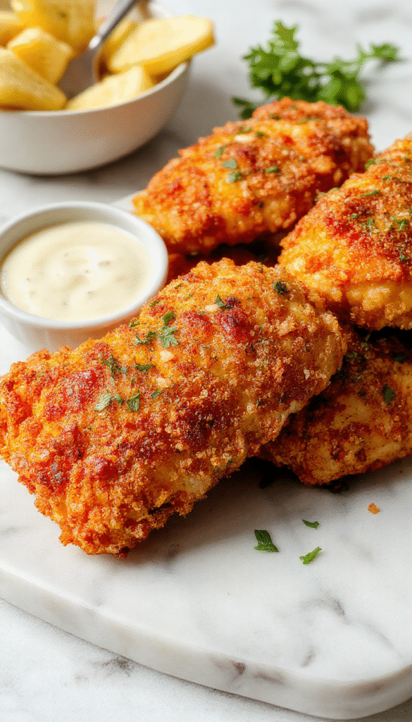 Golden crispy baked chicken tenders arranged on a white ceramic plate, garnished with fresh parsley and served with a side of dipping sauce. The tenders have a crunchy breadcrumb coating with visible seasoning and moist meat visible through the cracks, contrasted by a vibrant green salad in the background.