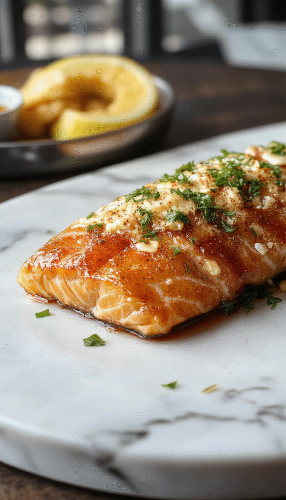 A vibrant plated dish featuring a crispy glazed salmon fillet drizzled with honey garlic sauce, garnished with chopped green onions and sesame seeds, served on a white plate with a glossy finish, set against a rustic wooden table with lemon wedges and fresh herbs.