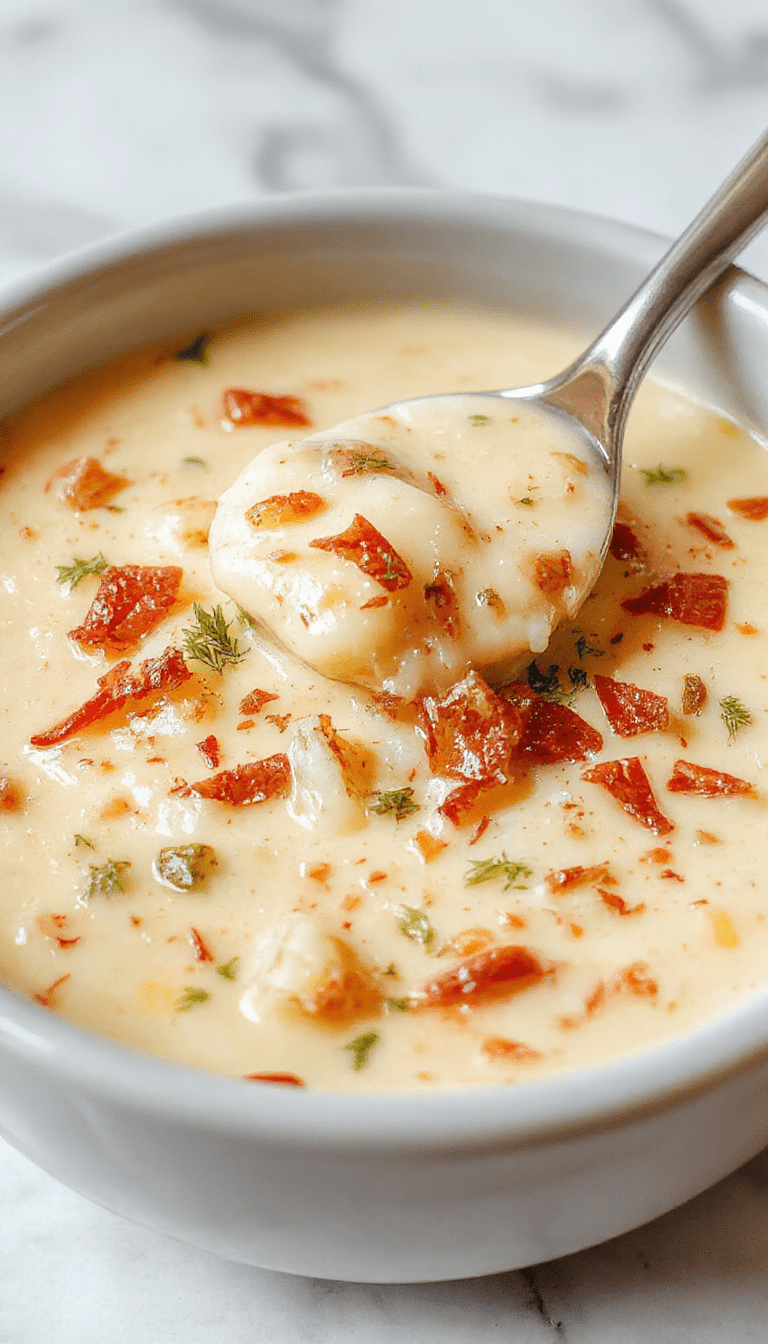 A steaming bowl of creamy potato soup topped with melted cheese, crispy bacon bits, chopped green onions, served in a rustic white bowl on a wooden table with a spoon, vibrant HTML coloring with golden cheese and green garnishes.