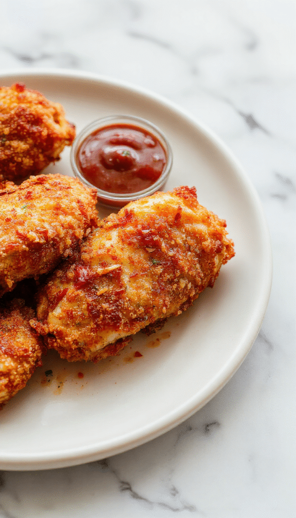 Golden-brown crispy baked chicken tenders arranged on a white plate with a side of dipping sauce, garnished with fresh herbs, crispy texture visible, vibrant and appetizing.