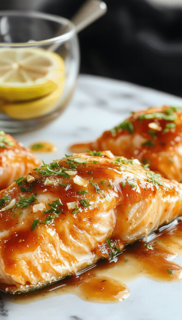 A close-up of a perfectly cooked crispy salmon fillet glazed with a glossy honey garlic sauce, garnished with sesame seeds and chopped green onions, served on a white plate with a vibrant lemon wedge, flaky and juicy texture visible, styled with fresh herbs and a rustic wooden background