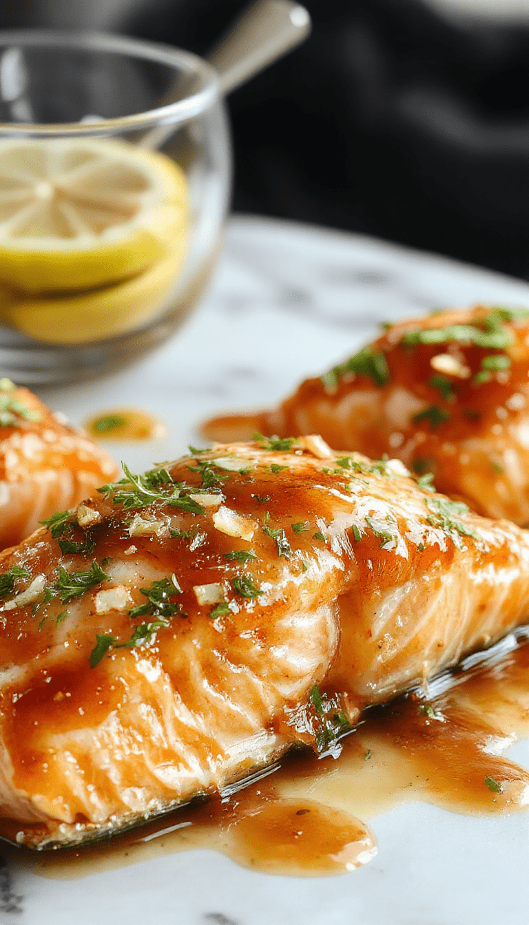 A close-up of a perfectly cooked crispy salmon fillet glazed with a glossy honey garlic sauce, garnished with sesame seeds and chopped green onions, served on a white plate with a vibrant lemon wedge, flaky and juicy texture visible, styled with fresh herbs and a rustic wooden background