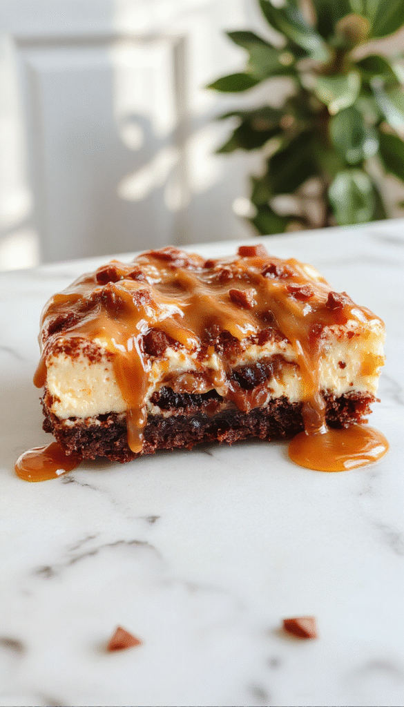 A rich caramel brownie cheesecake on a rustic wooden cake stand, topped with glossy caramel drizzle, crumbled brownie pieces, and swirls of whipped cream. The vibrant caramel color contrasts with the dark chocolate layers and smooth cream cheese topping, styled with a few caramel candies on the side for an inviting, indulgent look.