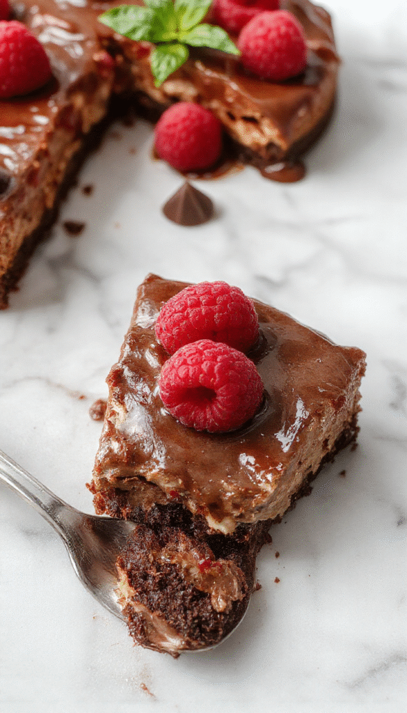 A luscious slice of dark chocolate raspberry cheesecake on a decorative plate, topped with fresh raspberries and drizzled with raspberry coulis, with a rich, creamy texture visible, set against a rustic wooden background with a fork and a sprig of mint for garnish.