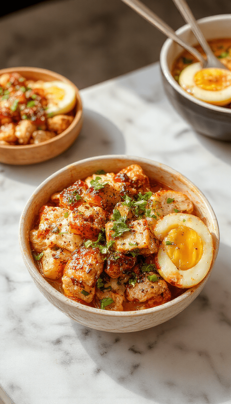 A vibrant chicken bowl featuring crispy fried chicken pieces coated in a creamy spicy sauce, garnished with sesame seeds and chopped scallions, arranged in a white ceramic bowl on a rustic wooden table with colorful vegetables and a drizzle of sauce around the dish.