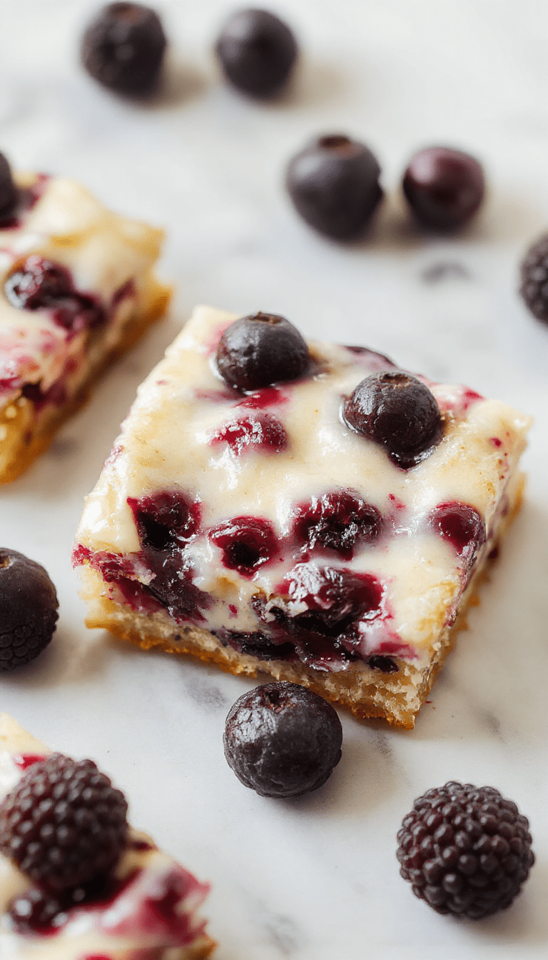 A close-up of luscious blueberry cream cheese bars on a rustic wooden platter, topped with fresh blueberries and a dusting of powdered sugar, showcasing creamy filling and golden crust, styled with a sprig of mint and a drizzle of glaze for an inviting presentation.