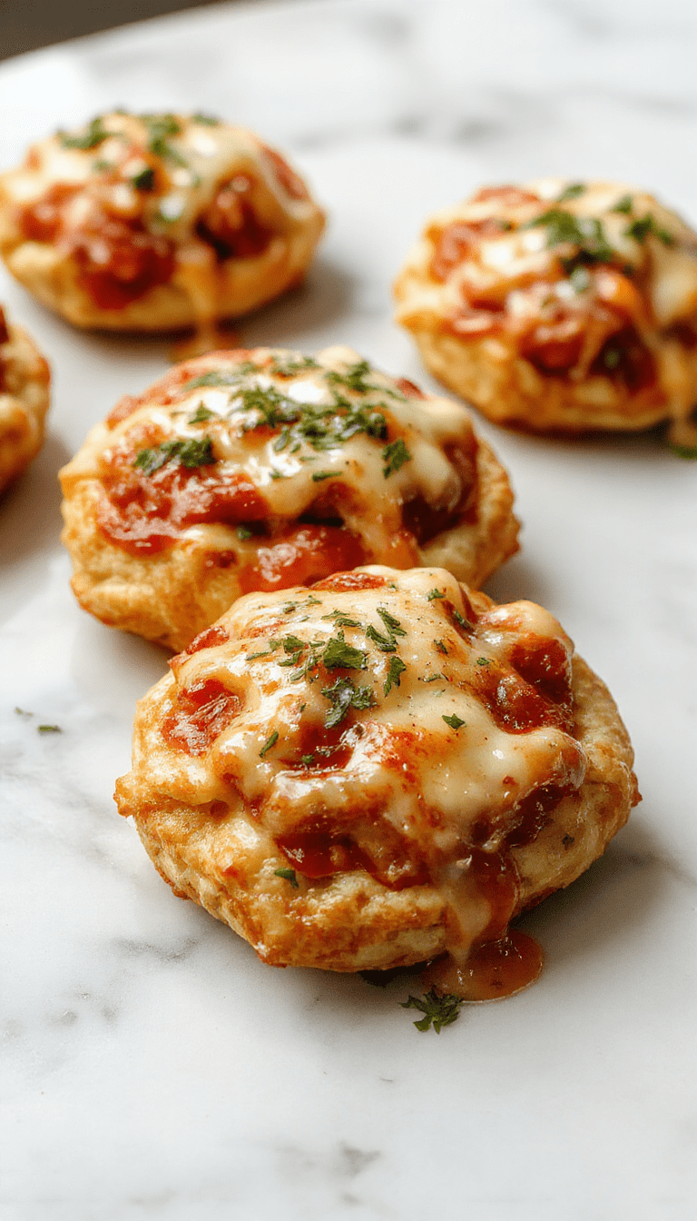 Close-up of golden-brown pizza pockets filled with melted cheese and pepperoni, arranged on a rustic wooden platter with a side of marinara sauce, crispy texture visible on the pastry edges, garnished with fresh basil leaves, vibrant colors of red sauce and green herbs contrast with the warm tones of the baked pockets