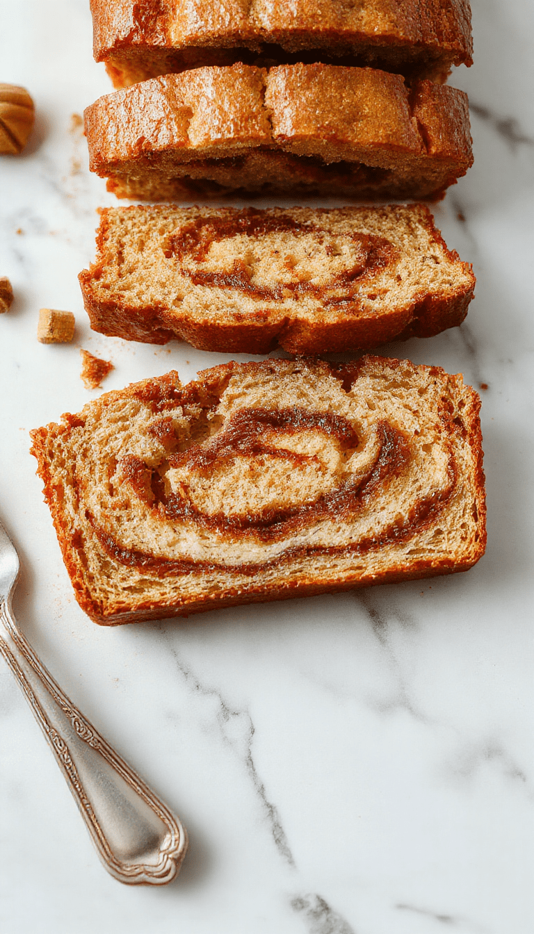A golden, freshly baked cinnamon swirl banana bread sliced to reveal a luscious cinnamon swirl inside. The bread is topped with a dusting of powdered sugar and served on a rustic wooden platter with fresh bananas and cinnamon sticks beside it. The soft, moist texture and the warm cinnamon aroma are visually appealing, with a cozy brunch setting backdrop.