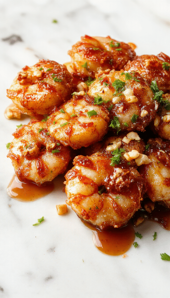 A close-up of golden honey walnut shrimp plated beautifully with a glossy glaze, topped with caramelized walnuts and garnished with fresh green herbs on a white ceramic plate, with a drizzle of honey sauce and colorful vegetables in the background showing vibrant textures and appealing presentation.