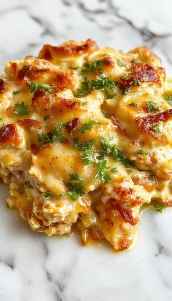 A colorful plated low carb chicken casserole featuring tender sliced chicken, melted cheese, and fresh herbs on a rustic wooden table with vibrant vegetables in the background, textured creamy sauce glistening under soft natural lighting.