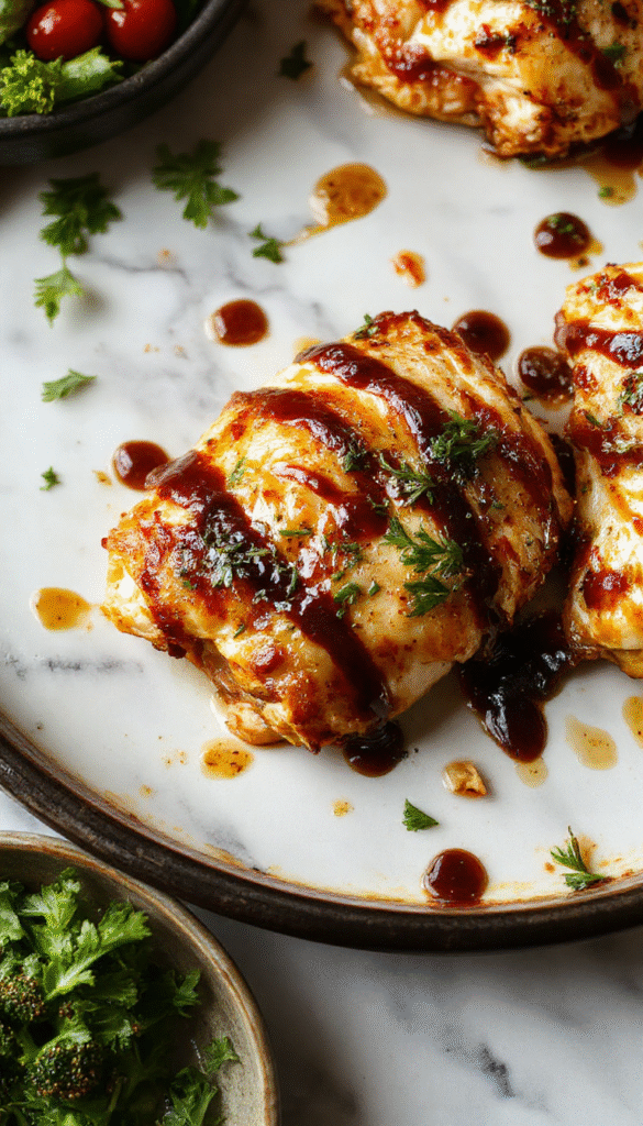 Colorful plated meal featuring tender browned chicken breasts coated in glossy balsamic glaze, surrounded by caramelized onions and fresh herbs, arranged on a rustic white plate with a dark wooden background for a cozy, inviting vibe.