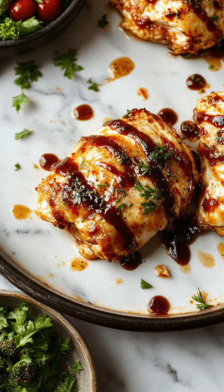 Colorful plated meal featuring tender browned chicken breasts coated in glossy balsamic glaze, surrounded by caramelized onions and fresh herbs, arranged on a rustic white plate with a dark wooden background for a cozy, inviting vibe.