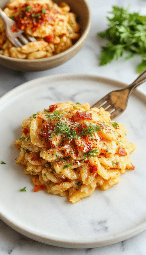 A vibrant plate of golden orzo pasta mixed with fresh herbs, cherry tomatoes, and melted cheese, artfully arranged on a white ceramic plate with a fork resting nearby, garnished with basil leaves, with a rustic wooden background and natural lighting highlighting the textures and colors.