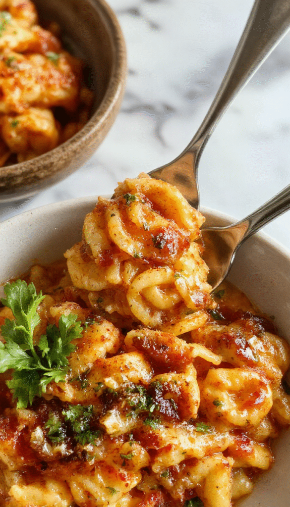 A vibrant plate of golden baked orzo pasta garnished with fresh herbs, topped with melted cheese, and served alongside colorful vegetables on a rustic wooden table.