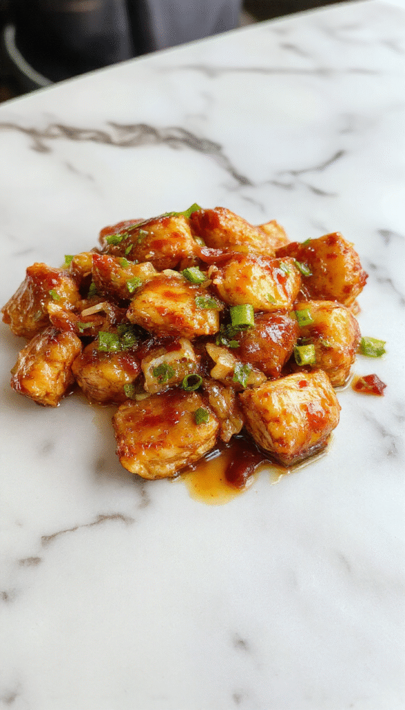 A vibrant stir fry dish featuring golden-brown chicken pieces coated in glossy teriyaki sauce, colorful bell peppers, and steamed broccoli arranged beautifully on a white plate, garnished with sesame seeds and chopped green onions, with a rustic wooden background.