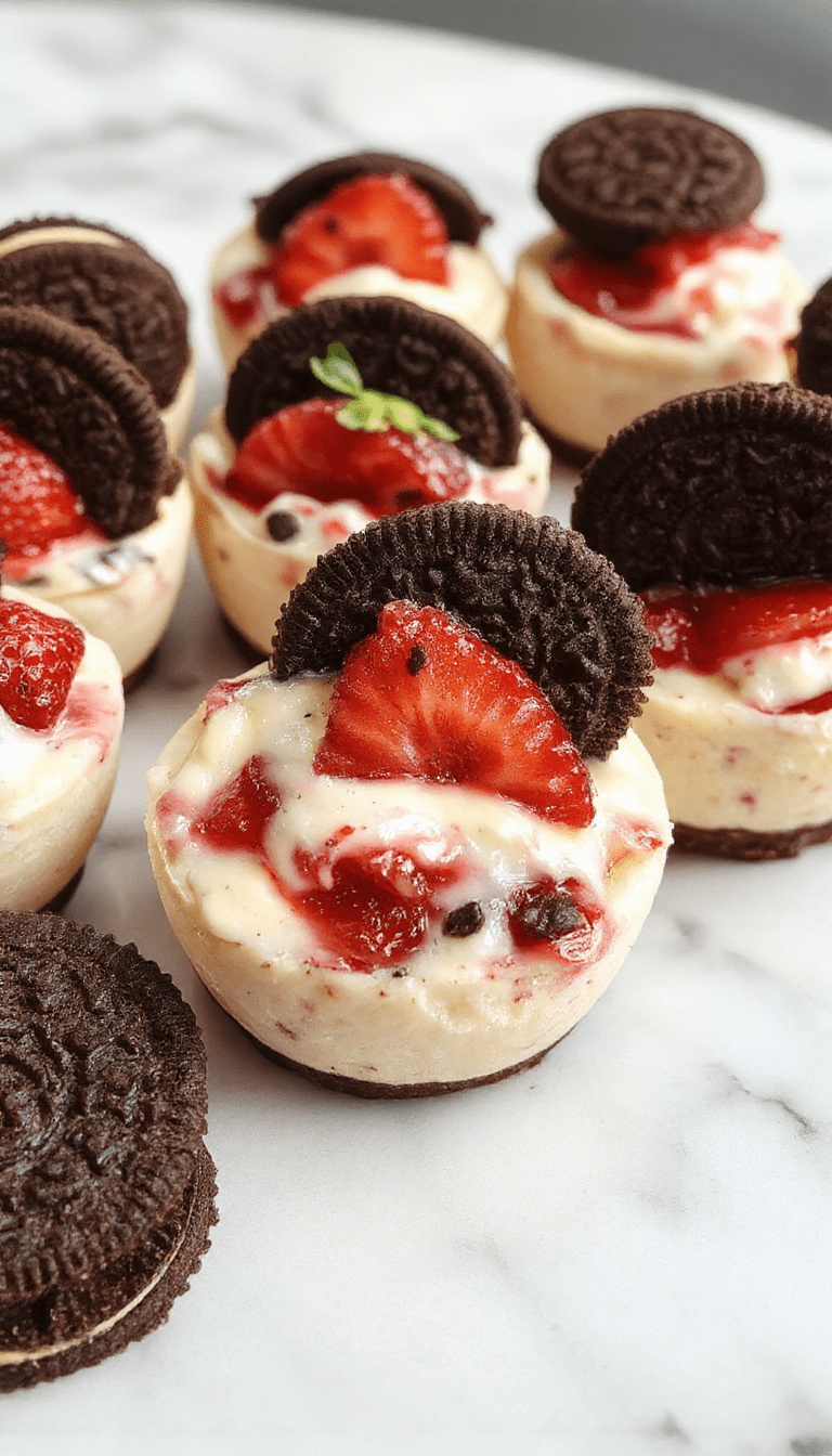 A close-up of a clear glass cup filled with layered cheesecake topped with fresh strawberries and crushed Oreos, showcasing creamy texture, vibrant red strawberries, and dark Oreo crumble, styled on a white plate with a rustic background.