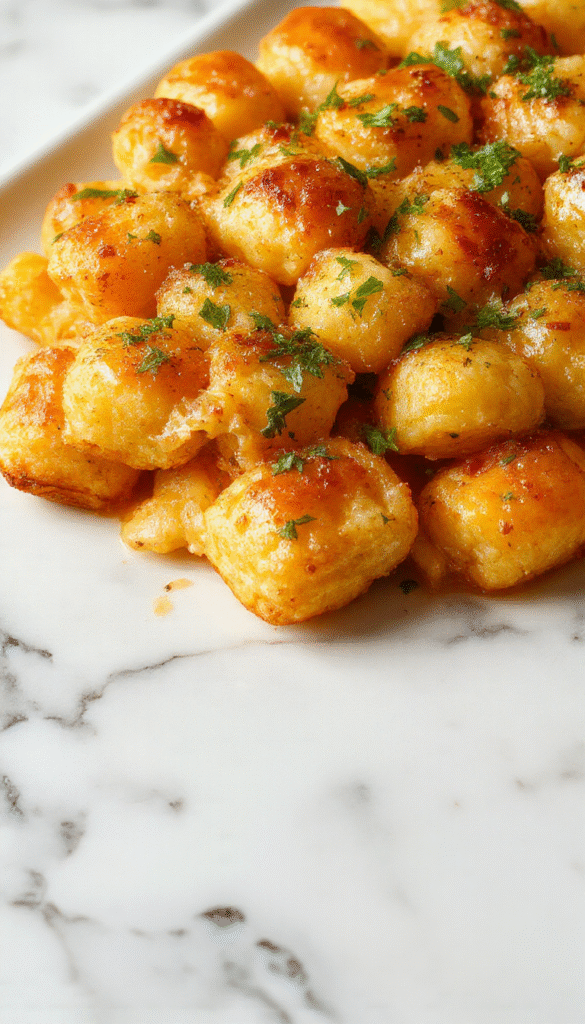 A colorful plate of golden-brown crispy tater tot casserole garnished with fresh herbs, served in a rustic white dish with melted cheese bubbling on top, surrounded by fresh ingredients and a warm kitchen background.