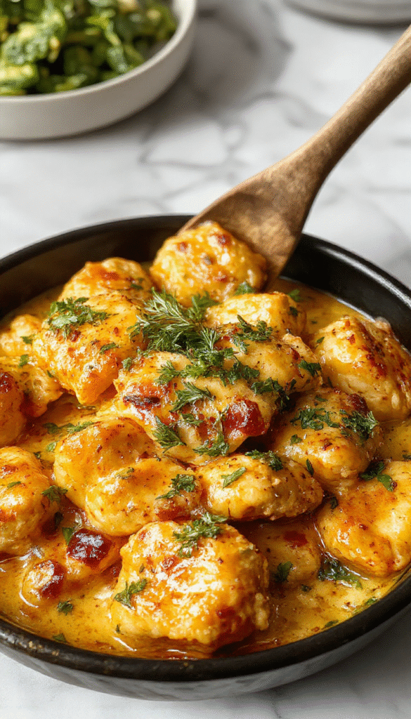 A vibrant skillet filled with succulent butter chicken, topped with fresh herbs and a glossy sauce. The dish showcases tender chicken pieces coated in a rich, buttery sauce, garnished with chopped parsley, set on a rustic wooden surface with a side of warm bread and colorful vegetables, emphasizing textures and inviting colors.