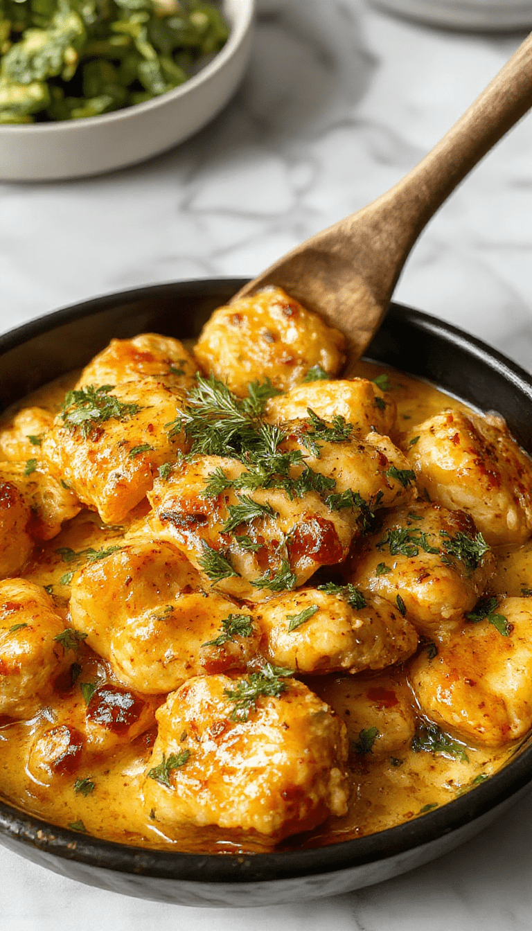 A vibrant skillet filled with succulent butter chicken, topped with fresh herbs and a glossy sauce. The dish showcases tender chicken pieces coated in a rich, buttery sauce, garnished with chopped parsley, set on a rustic wooden surface with a side of warm bread and colorful vegetables, emphasizing textures and inviting colors.
