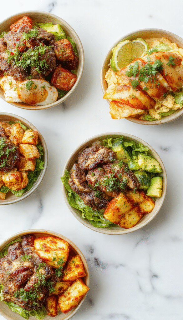 A vibrant bowl filled with seasoned ground beef topped with fresh shredded lettuce, diced tomatoes, shredded cheese, and drizzled with sauce. The bowl is on a rustic wooden table styled with cilantro sprigs and sliced pickles, showcasing a colorful, appetizing presentation with a variety of textures from crispy vegetables and melted cheese.