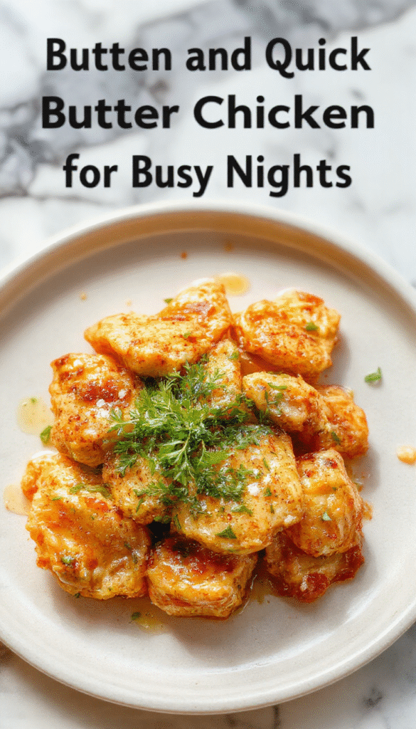 A vibrant plate of butter chicken featuring tender, juicy chicken pieces coated in a rich, creamy orange sauce topped with fresh herbs. The dish is beautifully presented on a white ceramic plate, garnished with chopped cilantro and served alongside steaming basmati rice and warm naan bread. The scene is brightly lit, highlighting the glossy sauce and flavorful textures, creating an inviting and cozy atmosphere.