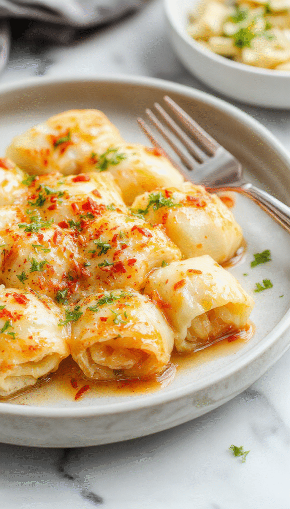 A vibrant plate showcases golden-brown cabbage rolls filled with seasoned meat and rice, garnished with fresh herbs, on a rustic wooden table with colorful vegetables in the background
