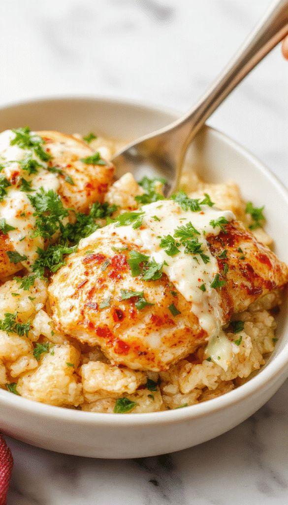 A vibrant plate featuring fluffy baked rice topped with tender chicken pieces and garnished with fresh cucumber and dill, drizzled with creamy tzatziki sauce, all beautifully arranged on a rustic wooden table with colorful Mediterranean accents.