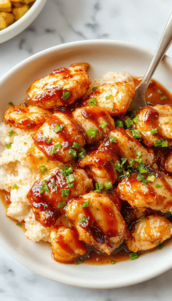 A vibrant plate of glazed teriyaki chicken served atop steamed rice, garnished with chopped green onions and sesame seeds, with a glossy, caramelized surface contrasting the white rice and green garnish, all styled on a rustic wooden table with a warm, inviting lighting.