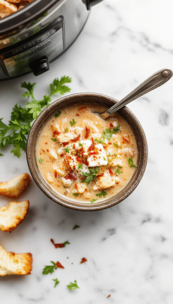 A steaming bowl of creamy white chicken chili topped with melted cream cheese and fresh cilantro, served in a rustic white bowl on a wooden table, with shredded chicken, white beans, and a drizzle of sour cream visible, surrounded by autumn-themed decor and warm lighting.