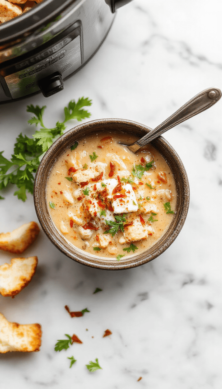 A steaming bowl of creamy white chicken chili topped with melted cream cheese and fresh cilantro, served in a rustic white bowl on a wooden table, with shredded chicken, white beans, and a drizzle of sour cream visible, surrounded by autumn-themed decor and warm lighting.