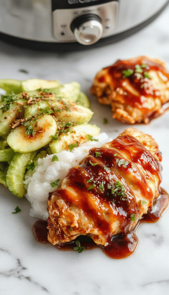 A vibrant bowl of cooked crockpot teriyaki chicken garnished with sesame seeds and green onions, served alongside steamed rice on a rustic wooden table with a glossy sauce glaze