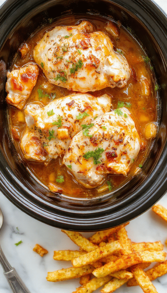 A close-up of a creamy chicken dish in a white bowl, topped with fresh herbs and served alongside crusty bread. The dish has a rich, golden sauce with tender chicken pieces, garnished with chopped parsley, against a rustic wooden table setting with soft natural lighting.