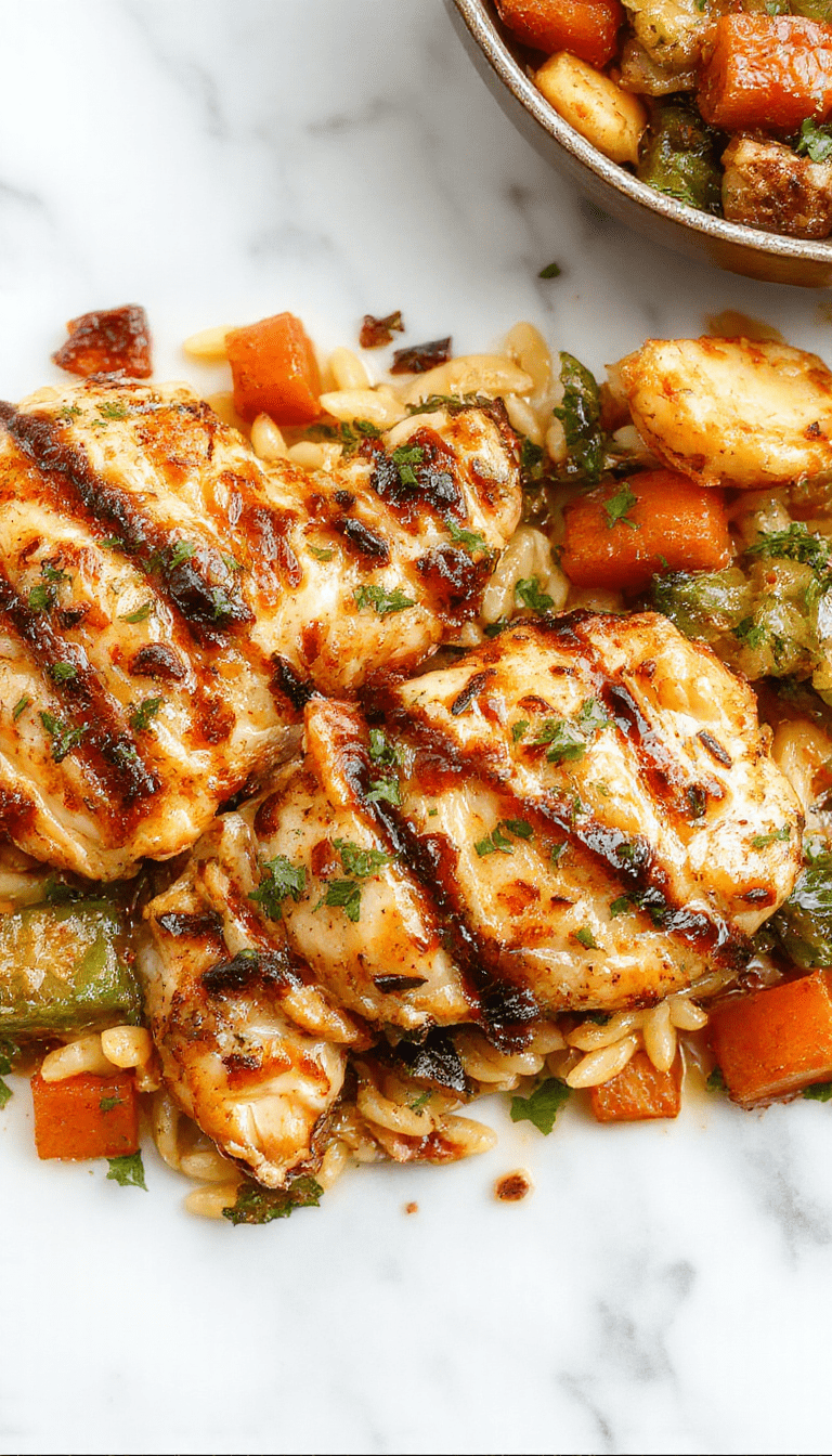 A vibrant, colorful dish featuring tender, browned chicken pieces glazed with balsamic vinegar nestled among perfectly cooked orzo pasta with a medley of roasted vegetables, garnished with fresh herbs, served on a sleek white plate.