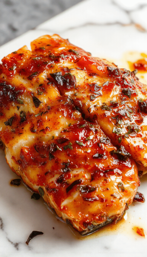 Colorful presentation of tilapia fillets topped with vibrant roasted red and yellow peppers in a glossy sauce. The fish is plated on a rustic white dish with a garnish of fresh herbs, with a backdrop of roasted vegetables and a lightly textured surface, highlighting the textures and bright colors of the dish.