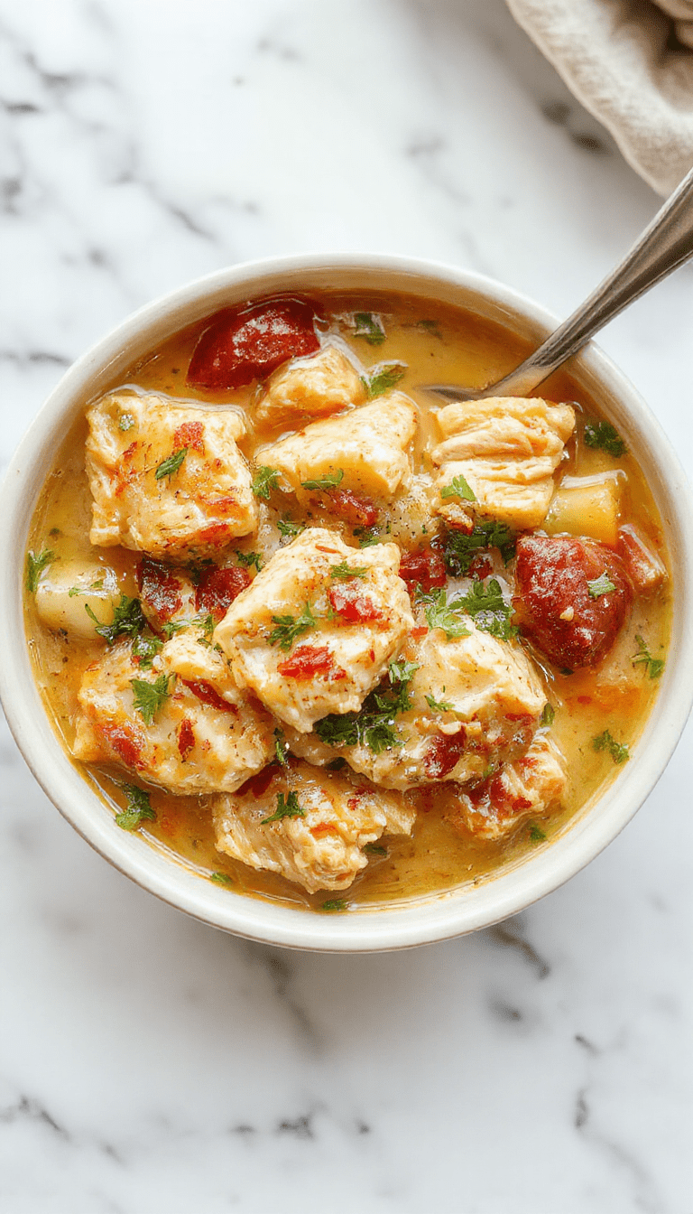 A hearty chicken stew in a rustic white bowl, featuring tender shredded chicken, vibrant orange carrots, green peas, and potatoes in a rich, savory gravy, garnished with parsley, with a warm background and wooden spoon for serving.