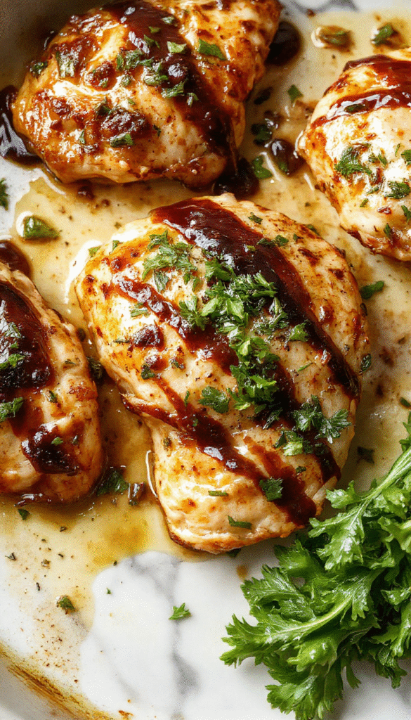 Colorful plated dish featuring tender boneless chicken breasts glazed with shiny balsamic reduction, garnished with fresh herbs, served on a rustic wooden platter with vibrant side vegetables, showcasing a glossy texture and inviting presentation.